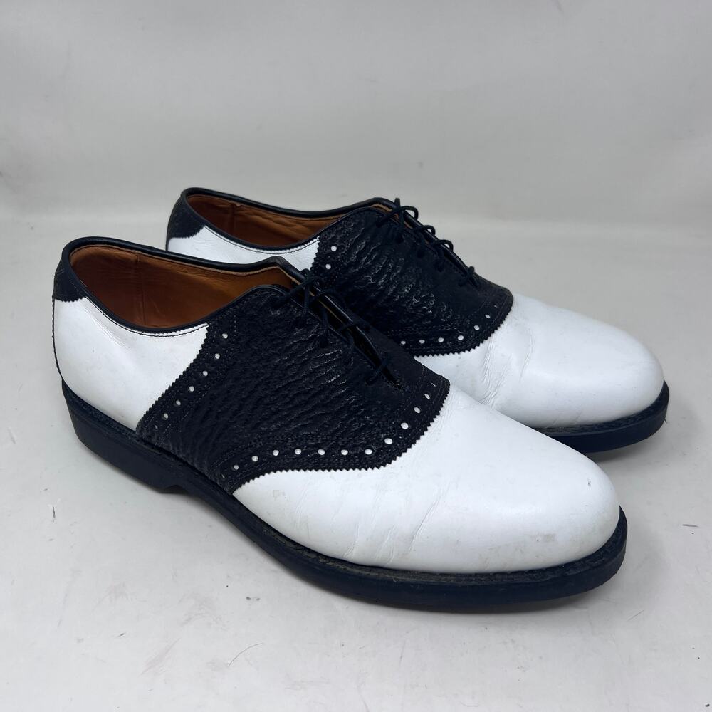 Allen Edmonds Payson Golf Shoes Mens 9 D Saddle Black White Leather Soft Spike‎